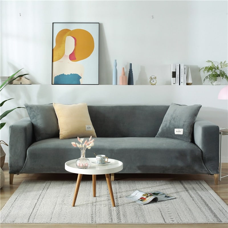 Housse de Canapé Extensible en Peluche en Forme de L pour Canapé d'Angle 1/2/3/4 Places - Gris Foncé