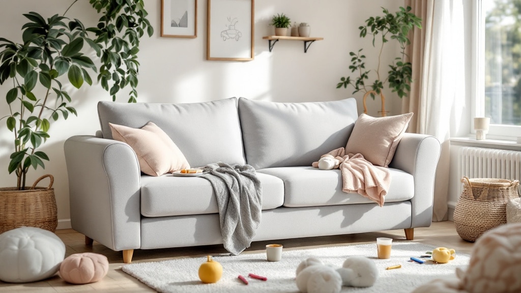 Housse canapé enfant grise tendue sur un canapé de salon familial lumineux, jouets au sol